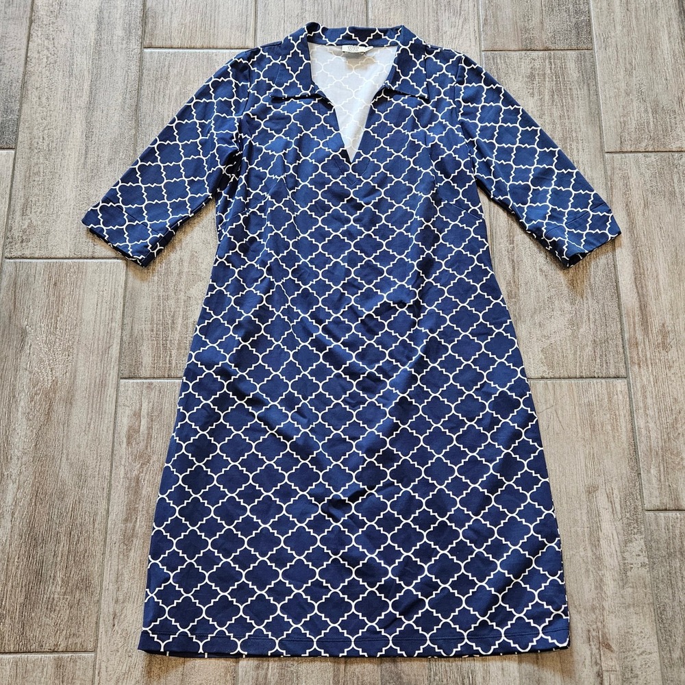 Katherine Way Shift Dress Size M Navy White 3/4 Sleeve Preppy Travel Resort Mod